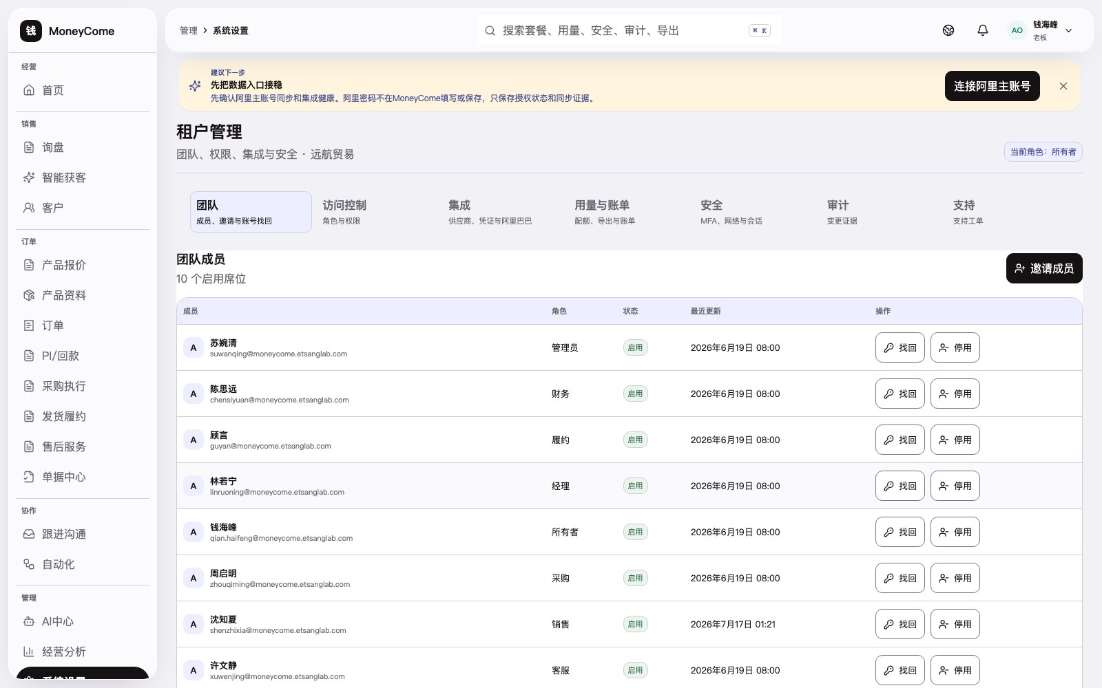 MoneyCome 团队治理真实界面