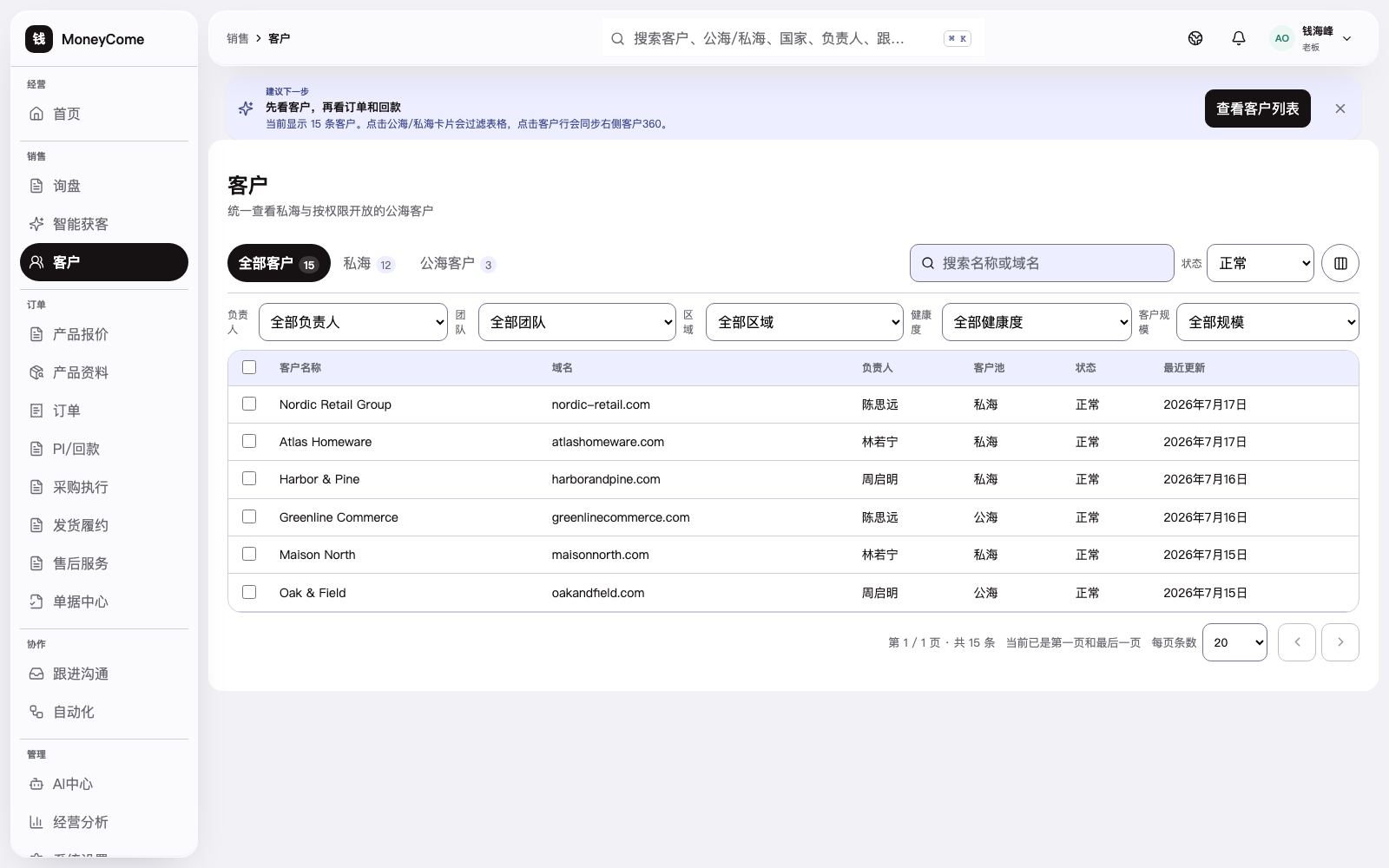 MoneyCome 客户经营真实界面