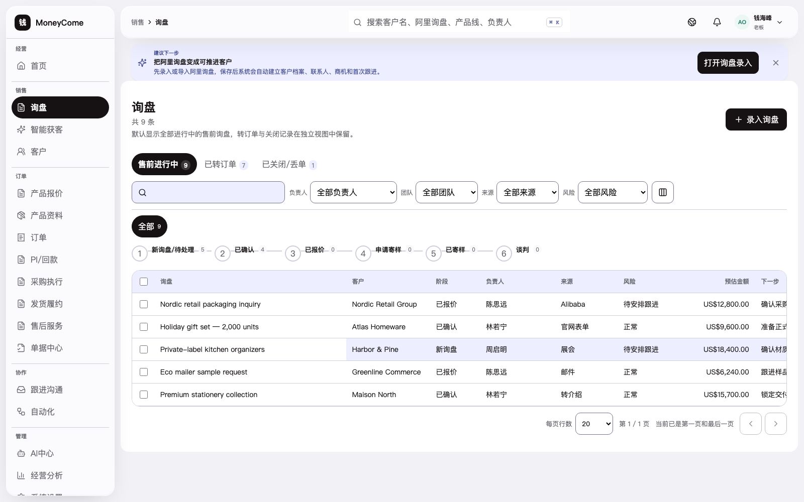 MoneyCome 询盘工作台真实界面